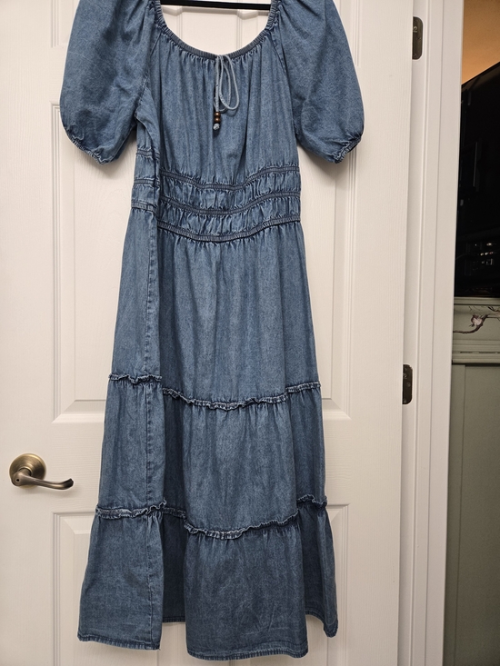 Speed Limit 98 Dresses & Skirts - Denim Midi Puff Sleeve Peasant Dress - Blue